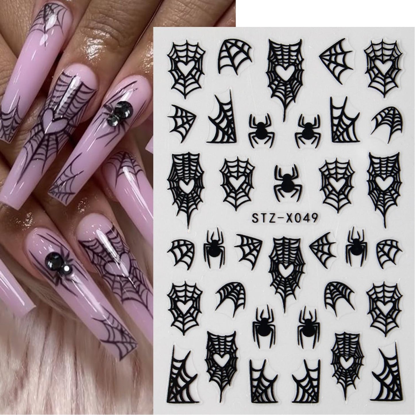 8 Sheets Halloween Nail Art Stickers Decals Spider Web Nail Stickers 3D Self-Adhesive White Black Gold and Silver Glitter Spider Web Designs Nail Decals Decorations for Women Halloween Nail Charms