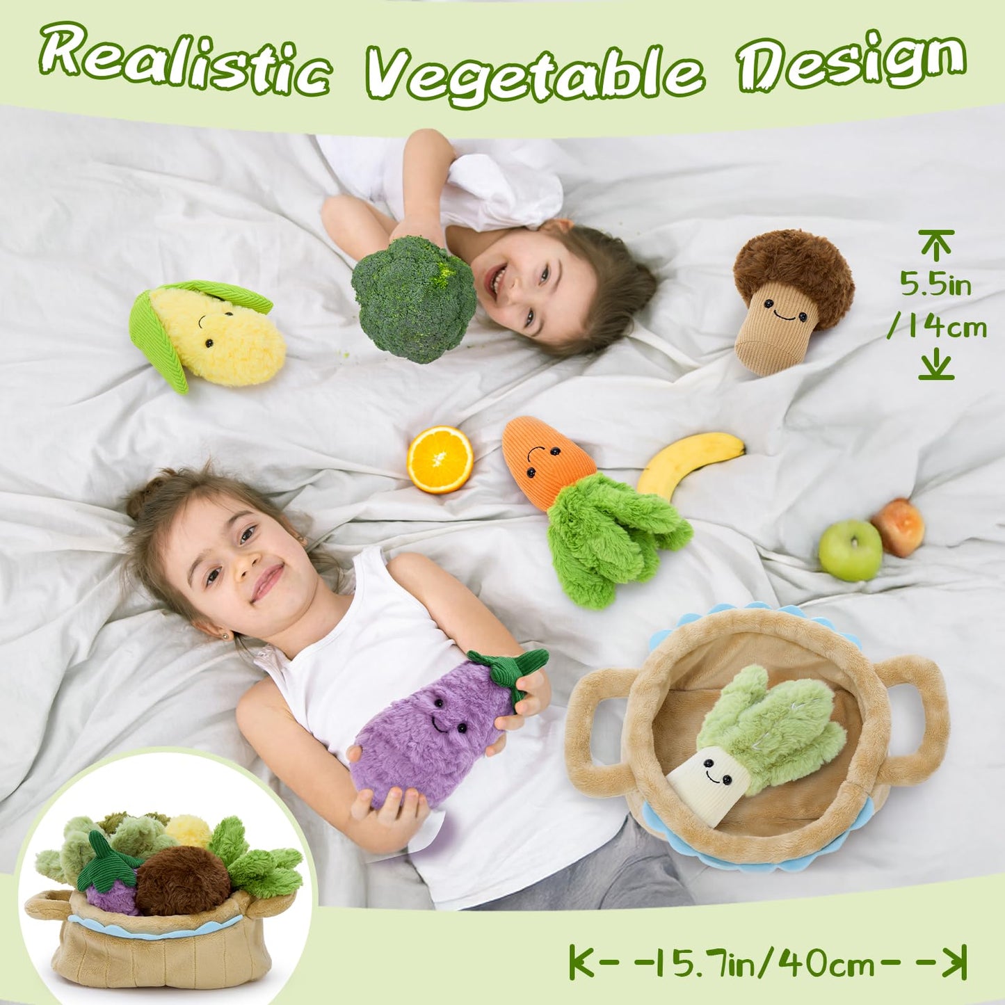 Tezituor 7 Pack Soft Vegetable Plushies Bulk for Easter Basket Veggie Stuffed Animals Interactive Toys Multi-Pack Food Playset Educational Plush Toy for Toddlers Party Favors Decor