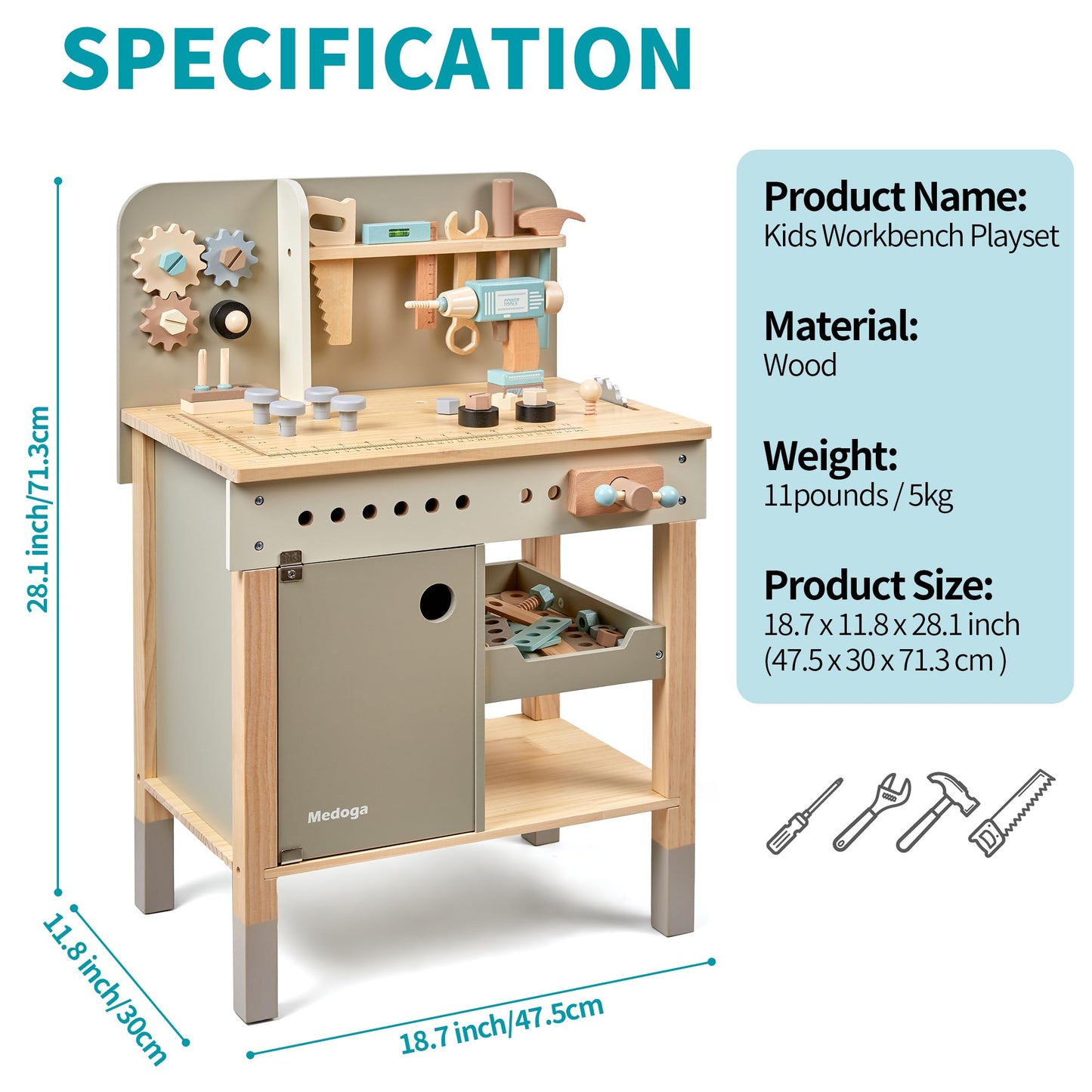 Kids Tool Bench,Wooden Play Tools Set with Kids Tool Belt Toddlers Workbench Pretend Construction Tools Set Wooden Toy Drill Gift for Boys & Girls Age 3-5