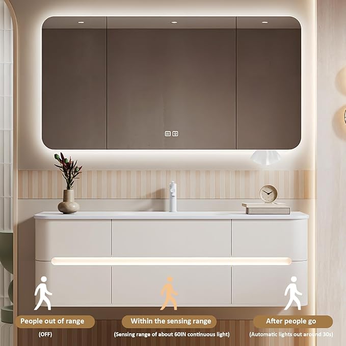 40IN Bathroom Vanity - Bathroom Vanity with Sink with Intelligent Induction Light | Wall-Mounted Bathroom Vanity with Intelligent LED Mirror Cabinet & 6 Drawers, Cream Color