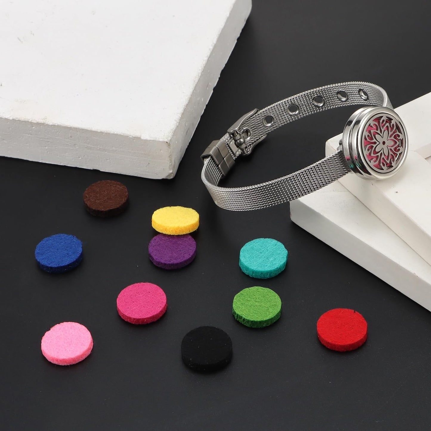 Essential Oil Diffuser Bracelet with Gift Box Aromatherapy Locket Adjustable Stainless Steel Flowers Watch Chain Bracelet with 10 Pcs Refill Pads for Women