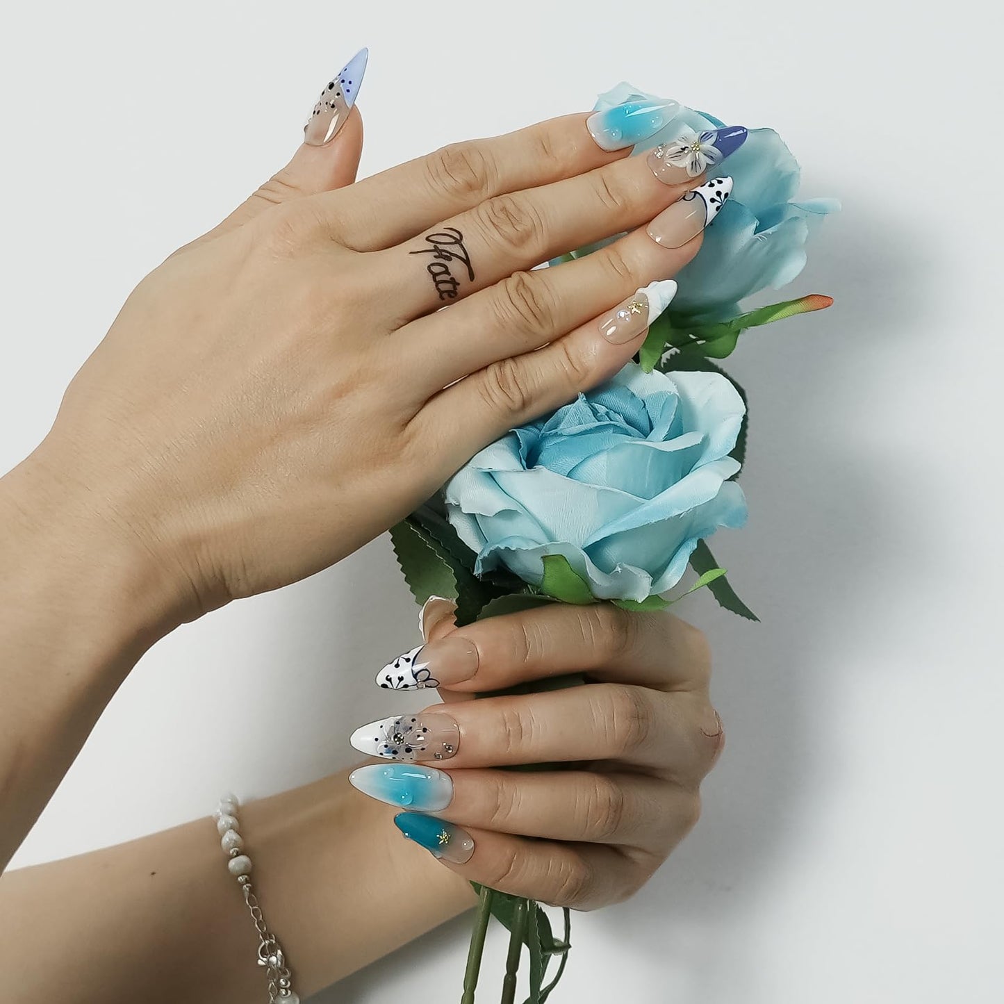Tesytto Handmade 3D Shell Press on Nails - Medium Almond Blue Ombre, Ripple French Tip & Flower Design Summer Mermaid Nails (Big Island-B,S)