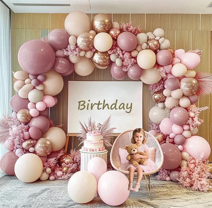 Dusty Pink Rose Balloon Garland Kit, Double Stuffed – Mauve, Light Pink, Blush, Nude, Beige & Champagne Gold Latex Balloons for Boho Birthday, Baby Shower & Bridal