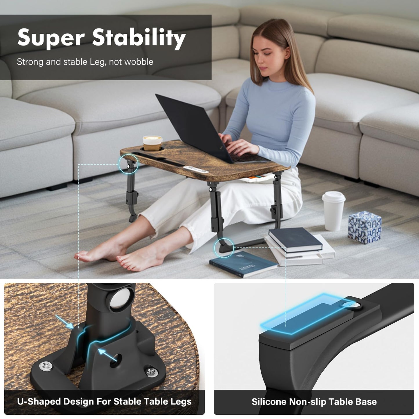 Lap Desk for Bed Adjustable Height, Foldable Bed Table with Storage Drawer, Tablet Slot & Cup Holder, Portable Laptop Stand for Bed & Sofa, Bed Desk for Adults & Kids, Carbonized