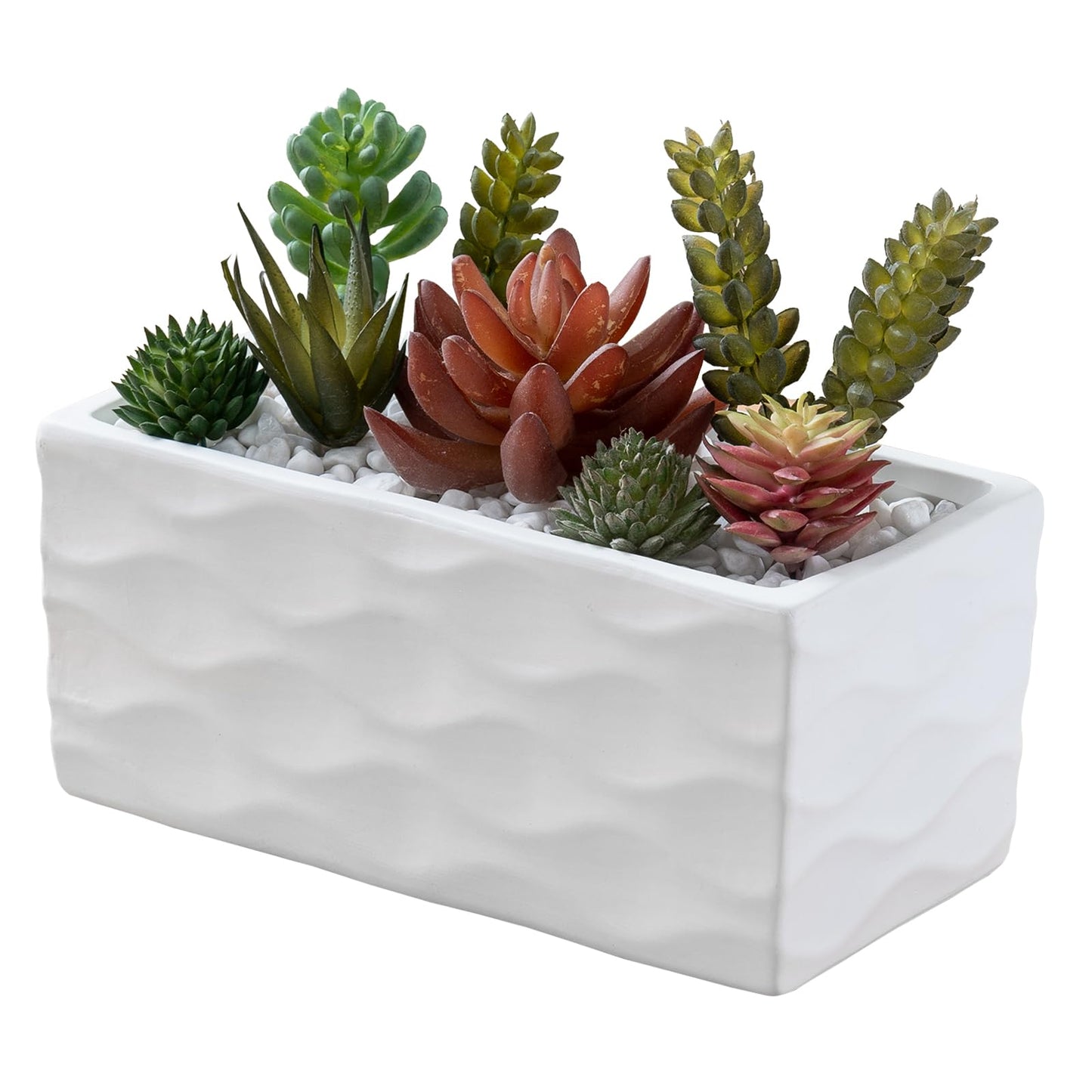 MyGift Modern Wave Pattern White Ceramic Rectangular Planter Pot - Decorative Indoor Flower Container for Home, Office, Patio, and Garden, 8-Inch