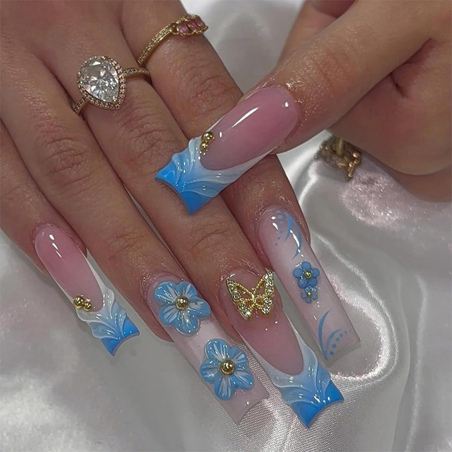 MISUD Press on Nails - Long Square Glue on Nails with Summer Blue, Acrylic Flower Butterfly Design 24 pcs