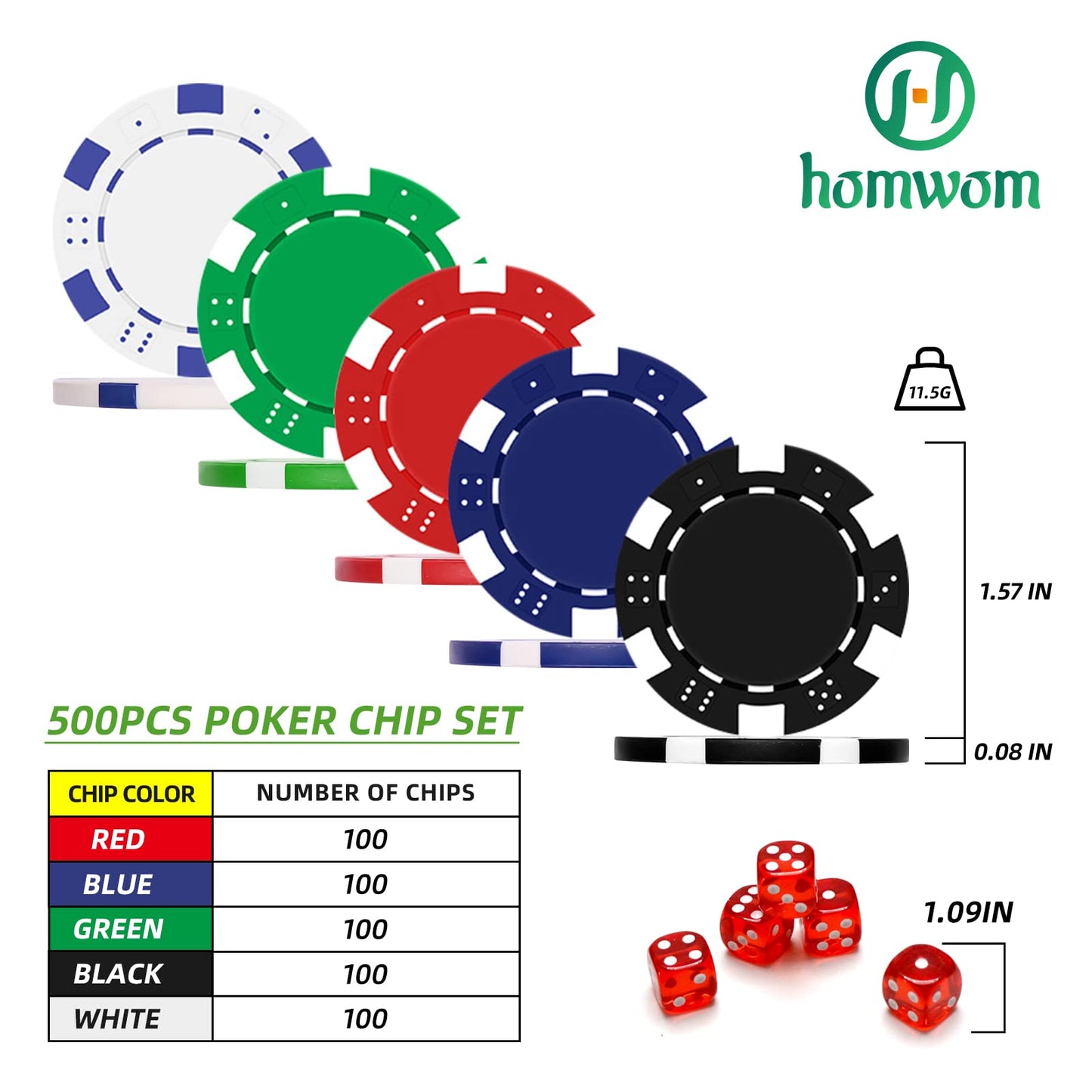 Homwom Poker Chip Set - 500PCS Poker Chips with Aluminum Case, 11.5 Gram Chips for Texas Holdem Blackjack(500pcs)