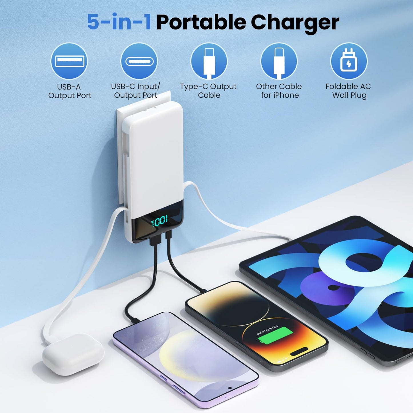 Portable Charger for iPhone with Built-in Cables and Wall Plug,Upgraded 13800mAh Fast Charging USB C Power Bank,4 Outputs Slim Travel Essential Battery Pack for iPhone 17/16/15/14/13,Galaxy,-White