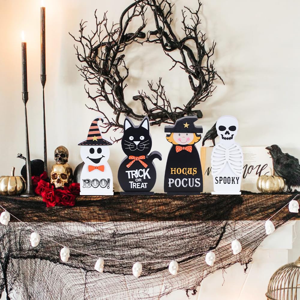 Halloween Decorations Indoor, DECSPAS 4 PCS Wood Blocks Halloween Table Decor, Ghost Black Cat Skull Witch Gothic Tabletop Ornaments, Hocus Pocus Decorations for Home, Tiered Tray, Shelf, Mantel