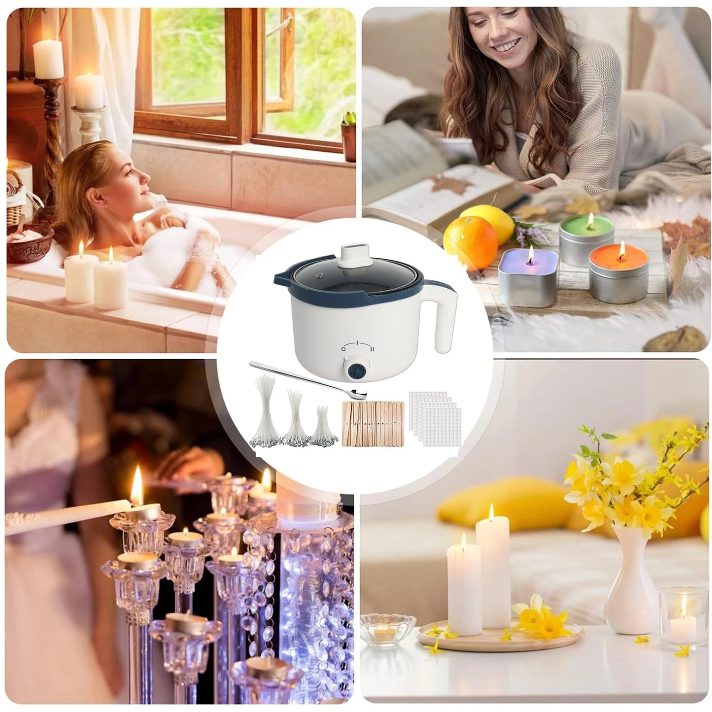 Wax Melting Pot for Candle Making, Candle Making Kit with 90*Wicks, 100*Wick Stickers, 45*Centering Device, 1*Stirring Spoon, Electric Wax Melter with Pouring Spout