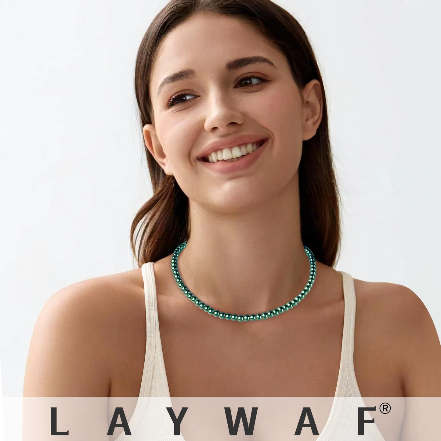 LAYWAF Green Imitation Pearl Necklaces for Women, 6MM Beaded Choker Necklace, Simple Fake Pearls Necklace, Faux Pearl Mom Necklace Costume Jewelry