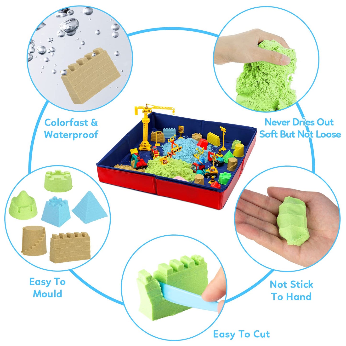 GarveeLife Kids Sand Kit, 43PCS Set w/Tools, 6 Construction Trucks & Castle Molds, Foldable Sand Box Storage Bin Tote, Toys for Boys Girls