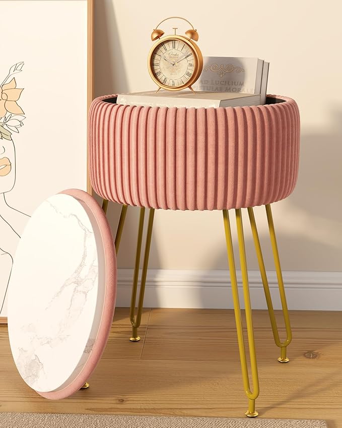 IBUYKE Velvet Storage Footrest Stool Ottoman, Makeup Vanity Stool Side Table with Golden Steel Legs Removable Cover, Coffee Table Top Cover, Pink LG-20P