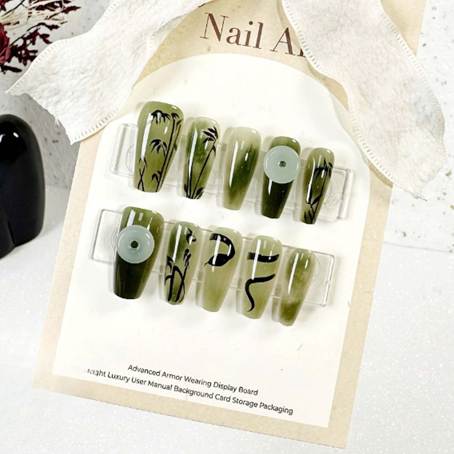 Hkanlre Press on Nails Long Coffin Gradient Green Fake Cute Nails Tips Full Cover Medium False Nails for Women 24PCS