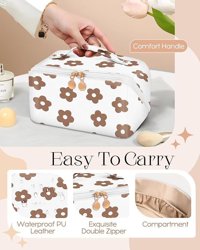 Bistup Makeup Bag Travel Cosmetic Bag Toiletry Make Up Bags Cute Women Large Capacity Big Medium Leather White Flower Girl Teen Teenage Square Foldable Expandable Open Flat Zip