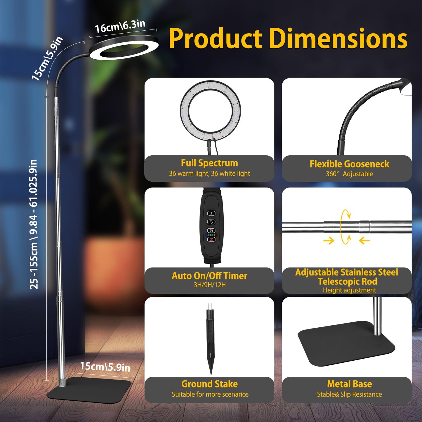 Grow Lights for Indoor Plants - Full Spectrum LED Plant Growing Light with 3H/9H/12H Auto Timer, Height Adjustable (16-67"), 3 Color Modes, 10 Dimming - Sun Lamp for Large Tall Small Plant- Black