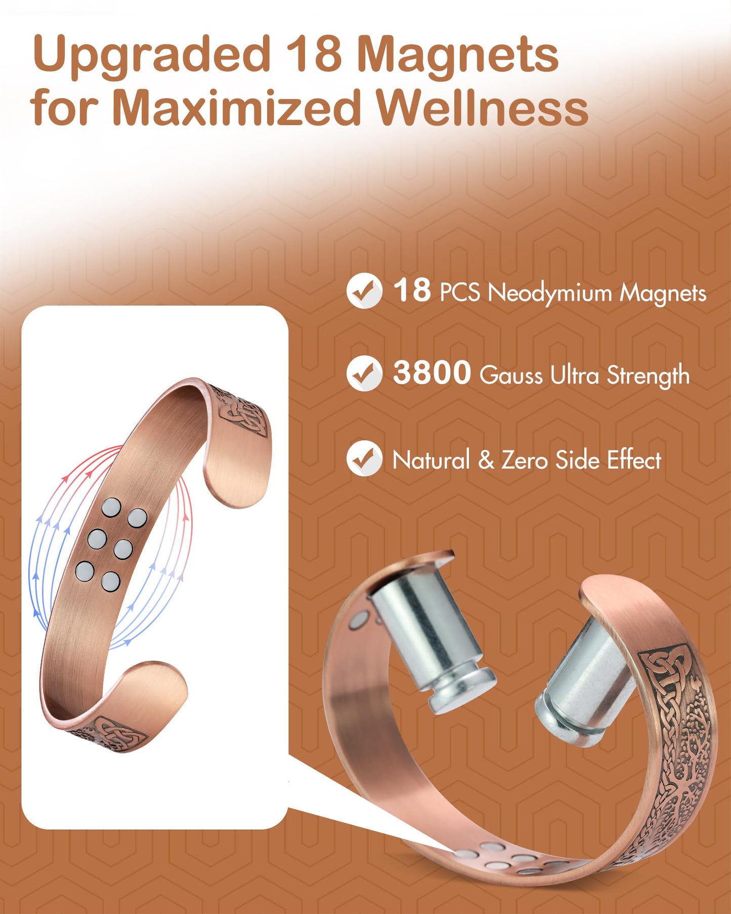 Feraco Copper Bracelet for Men, 18X Enhanced Strength Magnetic Bracelet with 3800 Gauss Neodymium Magnets, Pure Copper Cuff Bangle, Adjustable Jewelry Gift (Life Tree)