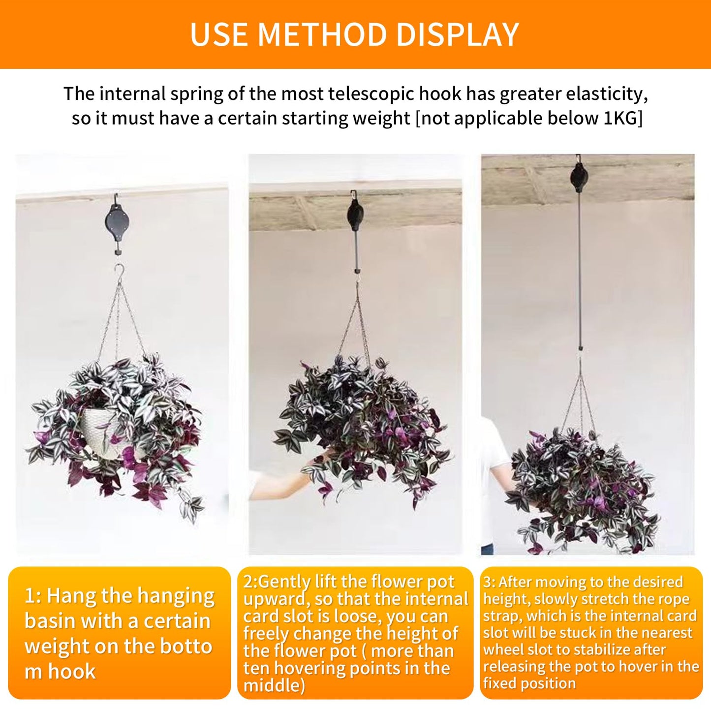 HOGXUAE 3Pack Retractable Plant Hanger Pulley System with Adjustable Rope Clips-Heavy-Duty for Indoor & Sheltered Outdoor Use(Max 15kg)