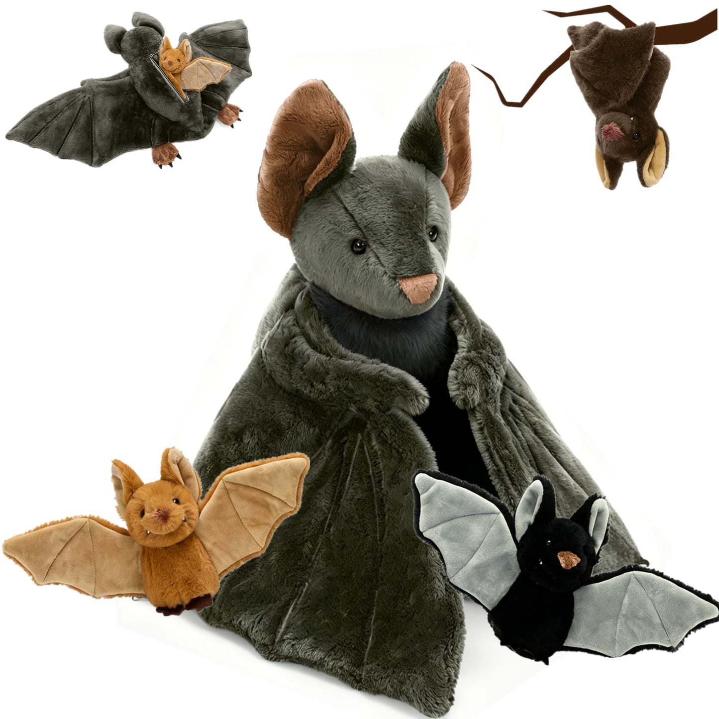 Tezituor 4Pcs Realistic Bat Stuffed Animals Set, 32inch Large Mommy Stuffed Bat with 3 Cute Babies for Boys Girls, Hugging Soft Bats Plush Toy Gift for Halloween Christmas Party