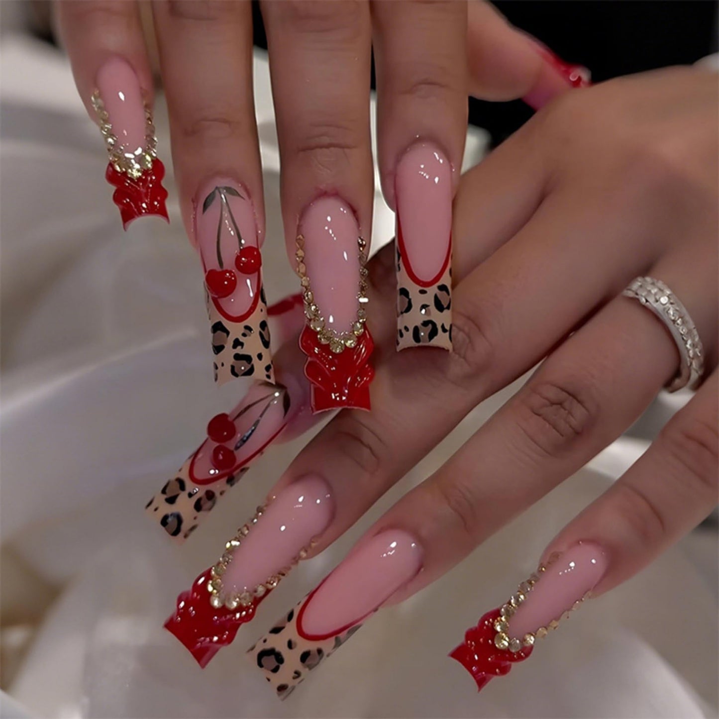 SEENEEY Long Press on Nails Square Red Cherry Stick on Nail for Women 24pcs