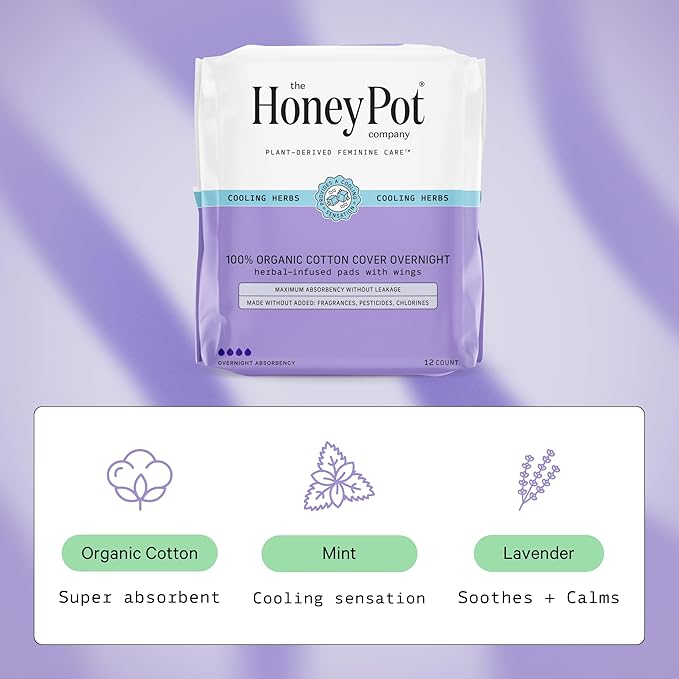 The Honey Pot Company - Herbal Pads for Women - Overnight w/Wings - Infused w/Essential Oils for Cooling Effect & Organic Cotton Cover - Feminine Care - FSA & HSA Eligible - 12 ct