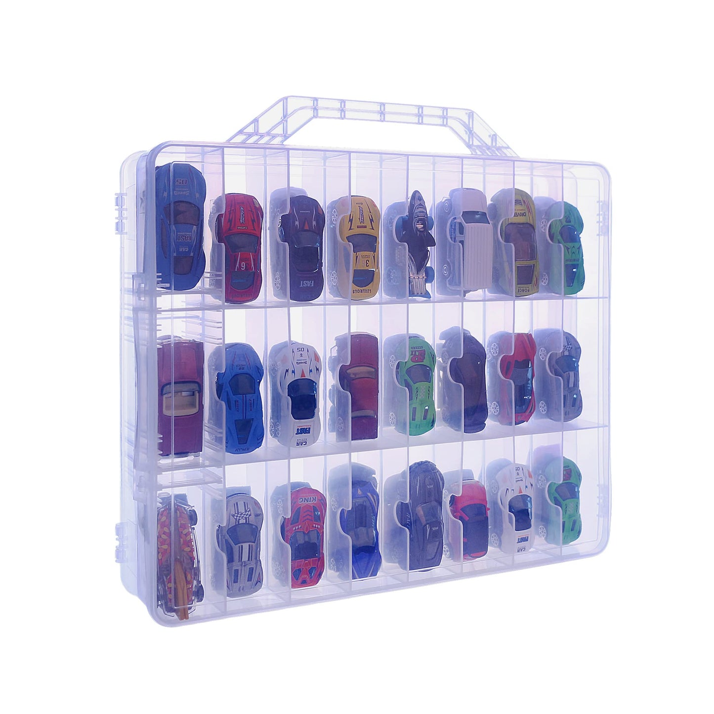 KISLANE Double Sided Toy Car & Doll Storage Case - 48 Compartments, Portable Transparent Case