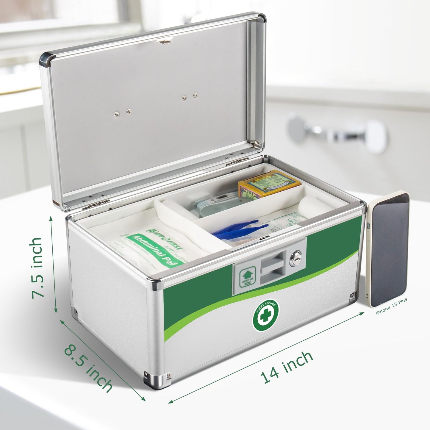 Medicine Lock Box, First Aid Safe Medication Storage Box, Layered Aluminum Daily Medicine Lockable Box with Key (Size-Large 14 * 8.5 * 7.5inch)