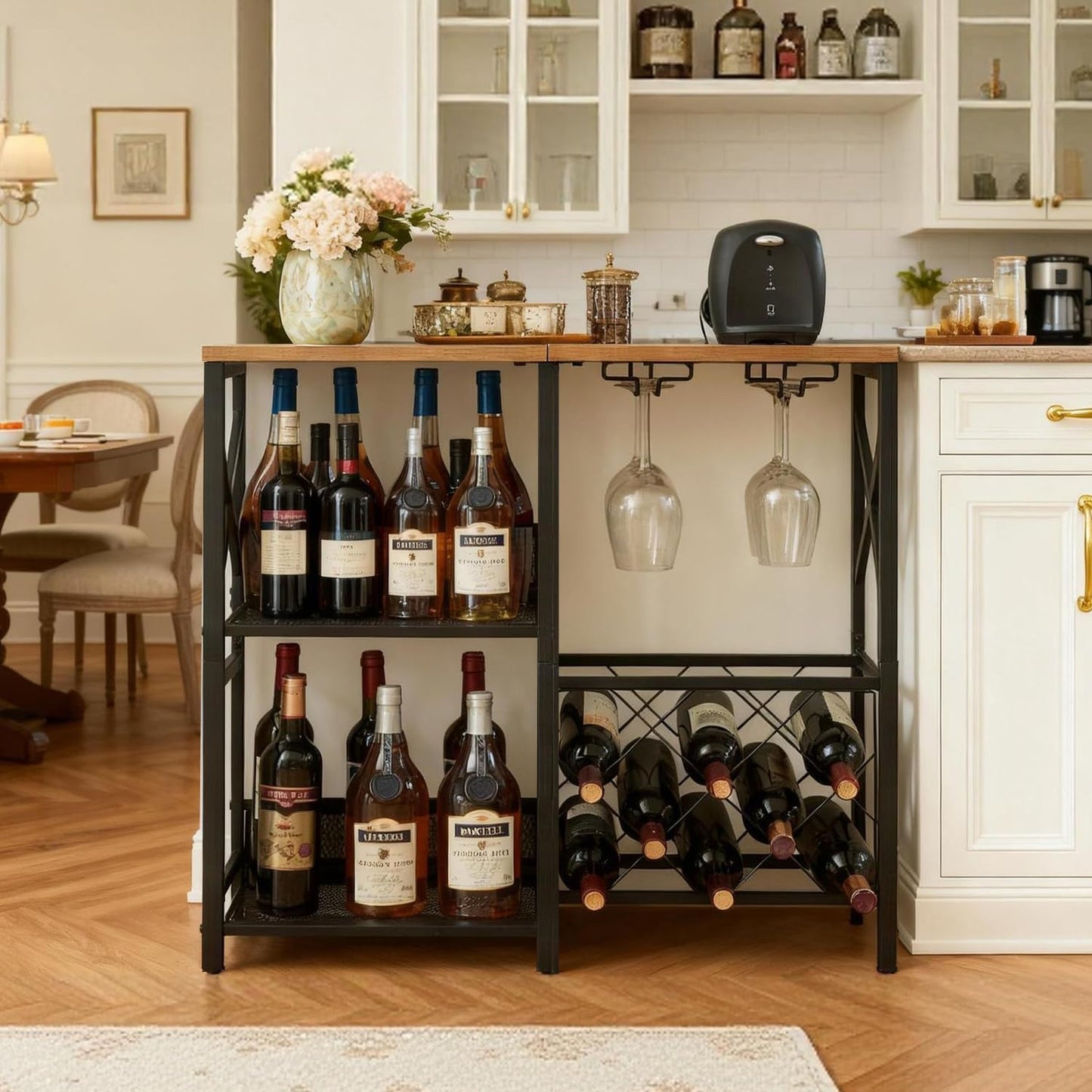 MNEETRUNG Wine Bar Cabinet, Rustic Freestanding Wine Rack with Glass Holder and Fence, Bar Cabinet with 2 Tier Storage, Liquor Shelf for Home Bar, Rustic Brown