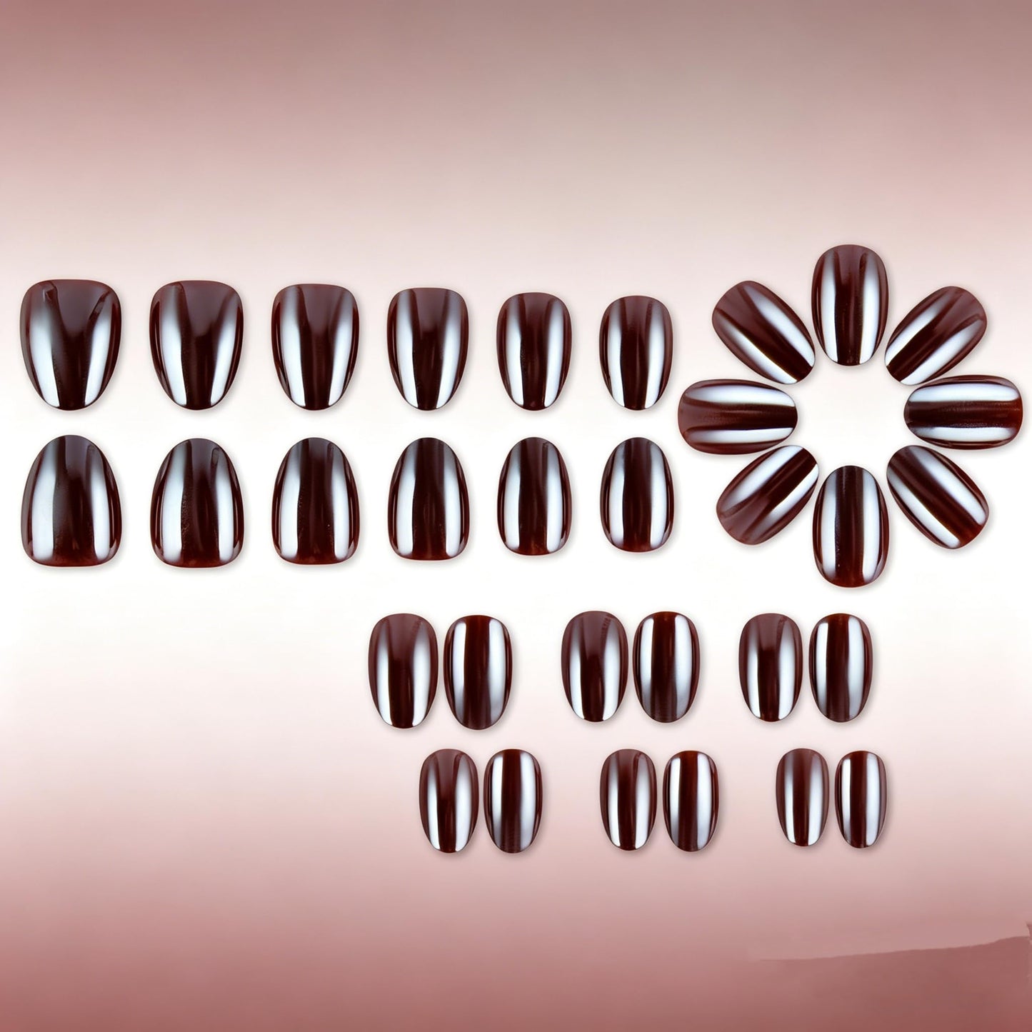 Dark Brown Chrome Short Oval Press On Nails - 32Pcs 16 Size Soft Gel Electroplated Fake Nails with Glue, Reusable Metallic Brown False Nails for Women Daily Office Party