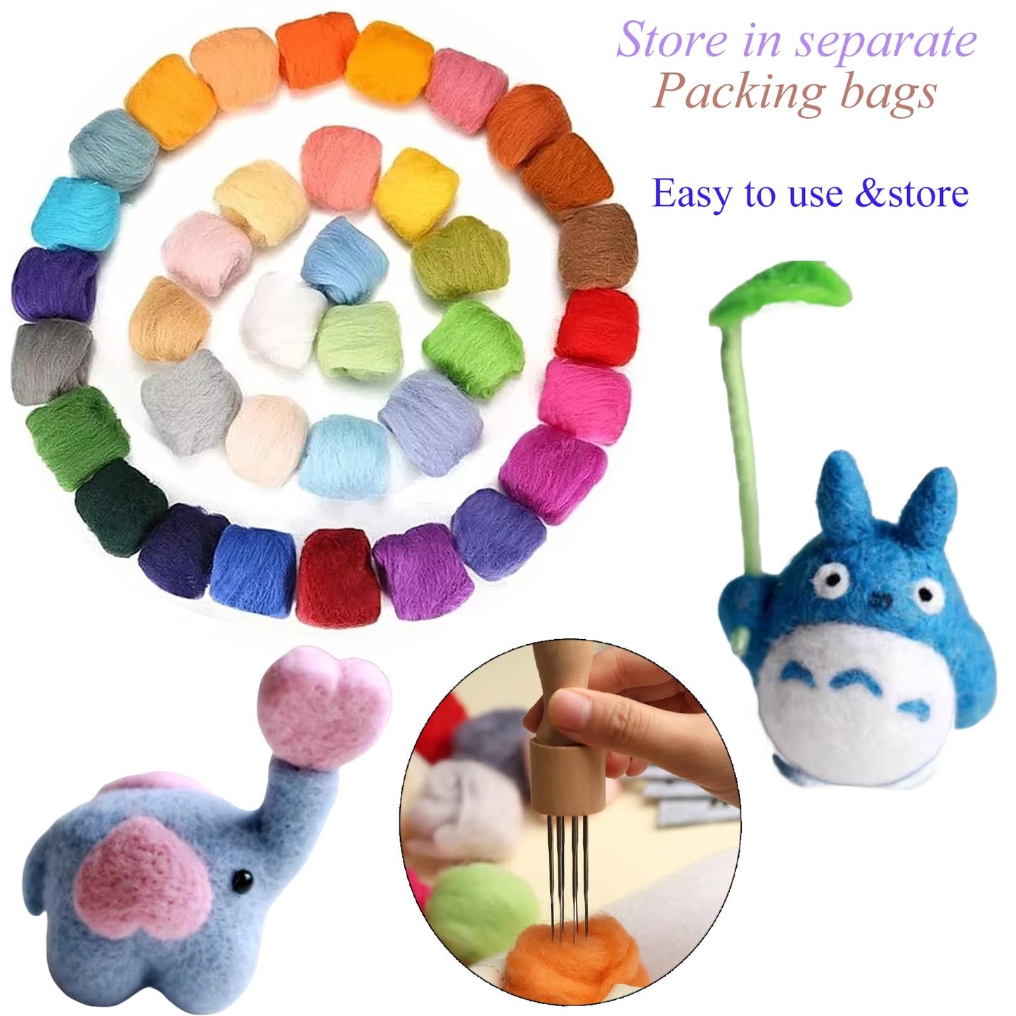 Funyn 25 Colors Wool Roving Needle Felting Set Needle Felting Kit Starter Kit Wool Felt Tools for Beginners DIY Craft (25Colors)