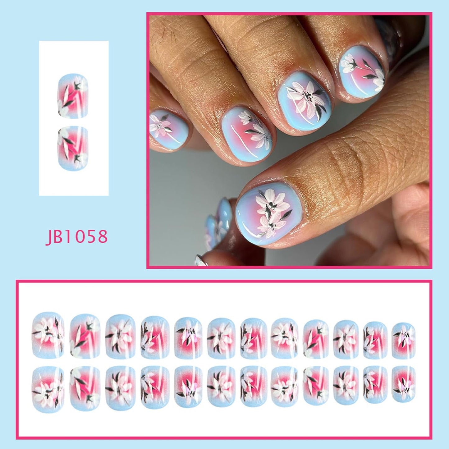 Flower Press On Nails Short Square Fake Nails Blue False Nails With Gradient Design Full Cover Glossy Acrylic Cute Stick On Nail Spring Glue On Nail For Women Manicure Art 24pcs