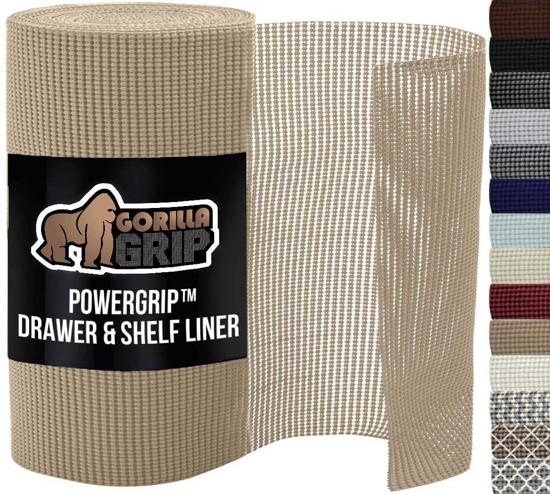 GORILLA GRIP powerGRIP Drawer Shelf and Cabinet Liner, Thick Strong Hold, Non-Adhesive Liners Protect Kitchen Cabinets and Cupboard, Bathroom Drawers, Easy Install, Breathable Mat, 12" x10', Beige