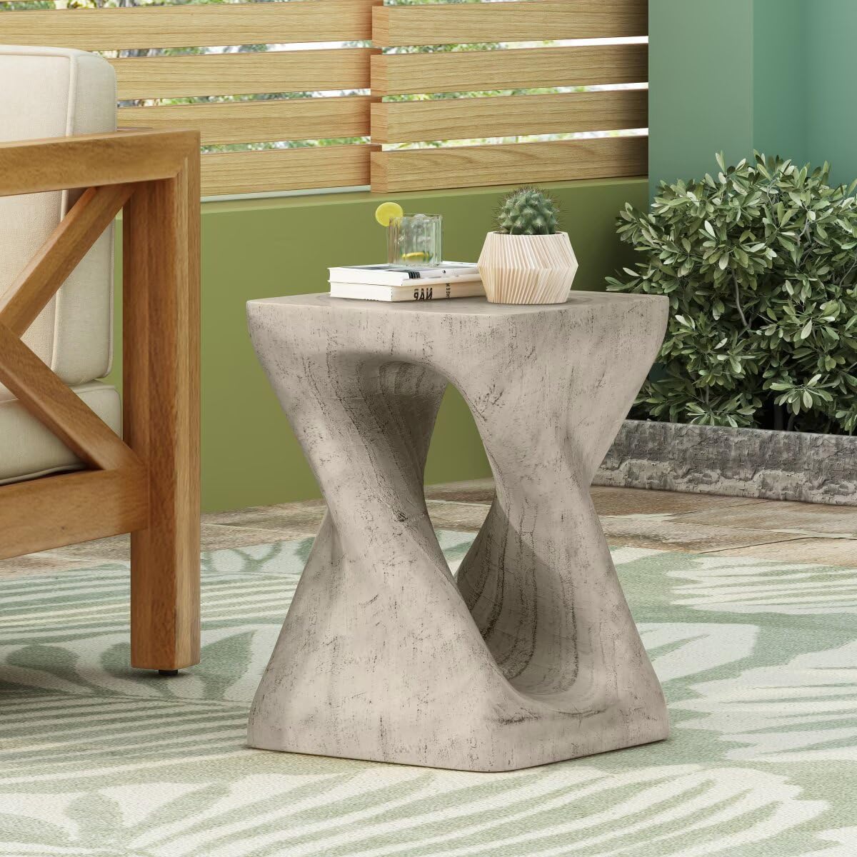 Modern End Table Square Solid Wood Pedestal Side Table Rustic Plant Stand with Twisted Design for Living Room, Bedroom, Office, Grey