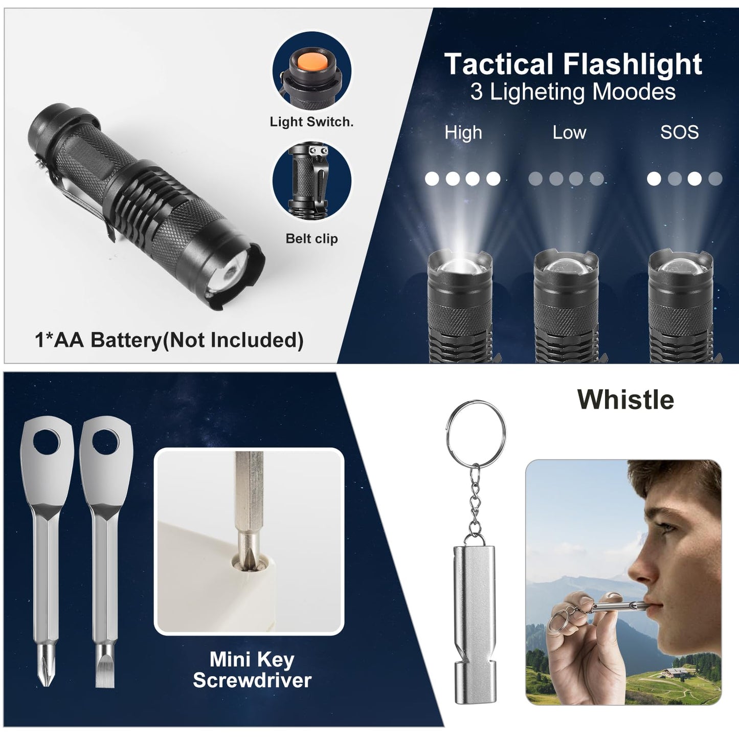 Survival Kit and Emergency Gear - 66 in 1 Outdoor Equipment with First Aid Fire ,Starter, Knife, Compass for Camping, Hiking, Gifts for Men