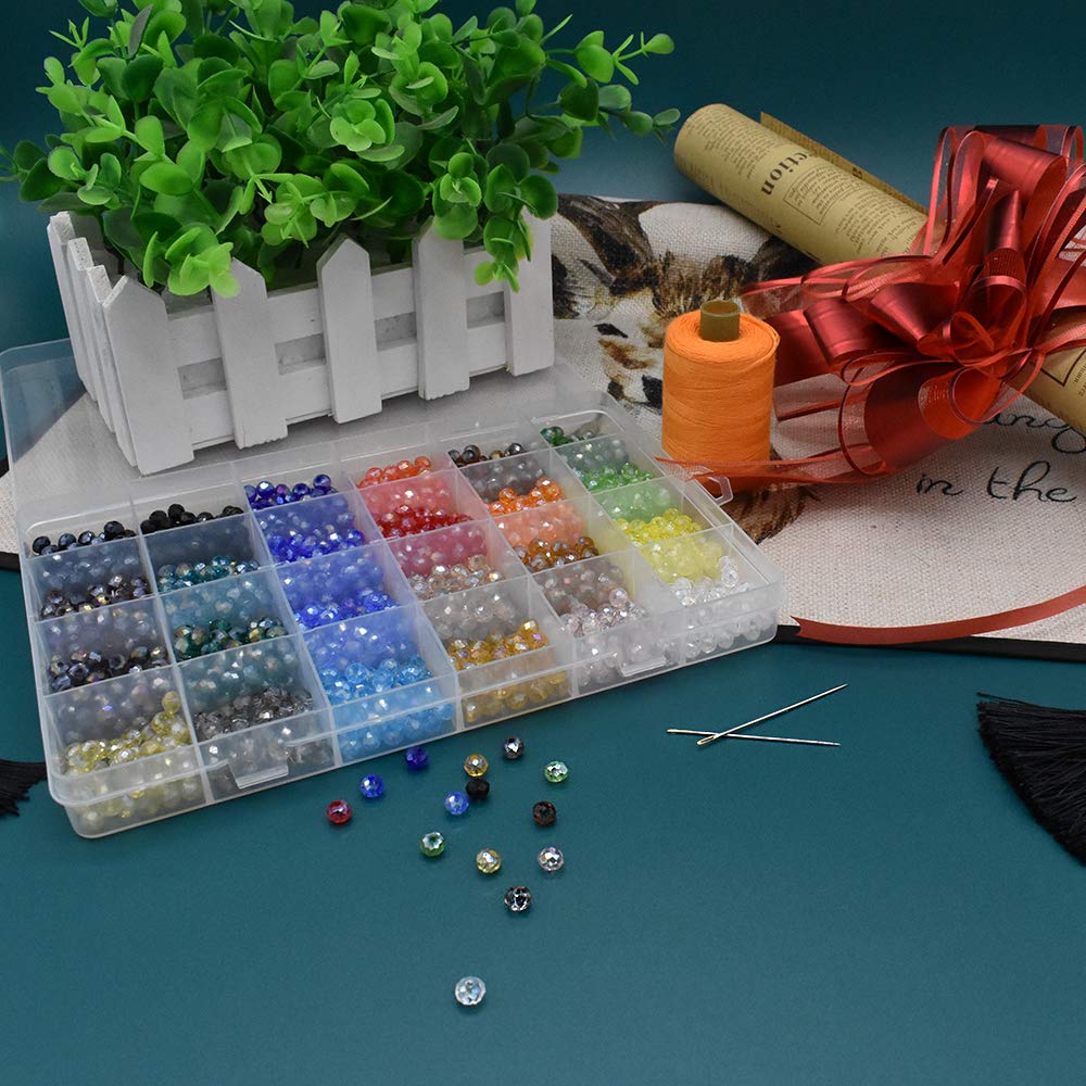 Renashed 1200pcs 6mm Briolette Crystal Glass Faceted AB Beads Spacer Beads for Jewelry Making - Bracelets, Necklaces - 24 Colors with Container Box
