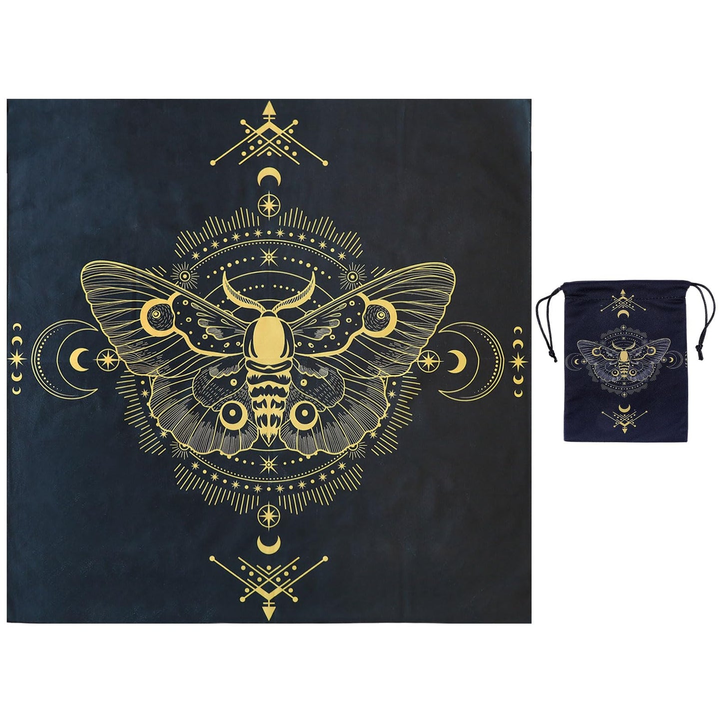 GLOBLELAND 30" Golden Moth Divination Tarot Cloth and Cards Bag Insect Moons Thick Velvet Fabric Tablecloth Mat with Classic Tarot Card Storage Pouch for Wiccan Room Beginner