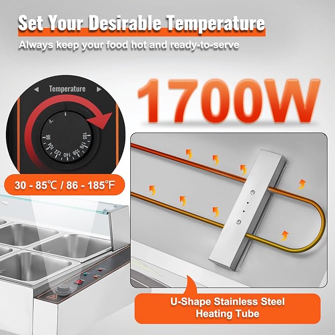 VEVOR 10-Pan Commercial Food Warmer, 10 x 8QT Electric Steam Table with Glass Cover, 1700W Countertop Stainless Steel Buffet Bain Marie 86-185°F Temp Control for Catering, Restaurants, Silver