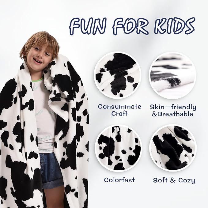SOCHOW Cow Print Fleece Throw Blanket for Sofa Couch, Soft Lightweight Cozy Warm Home Decor Flannel Blanket, Cute Animal Blanket for Kids Boys Girls, Black 60 x 80 Inches