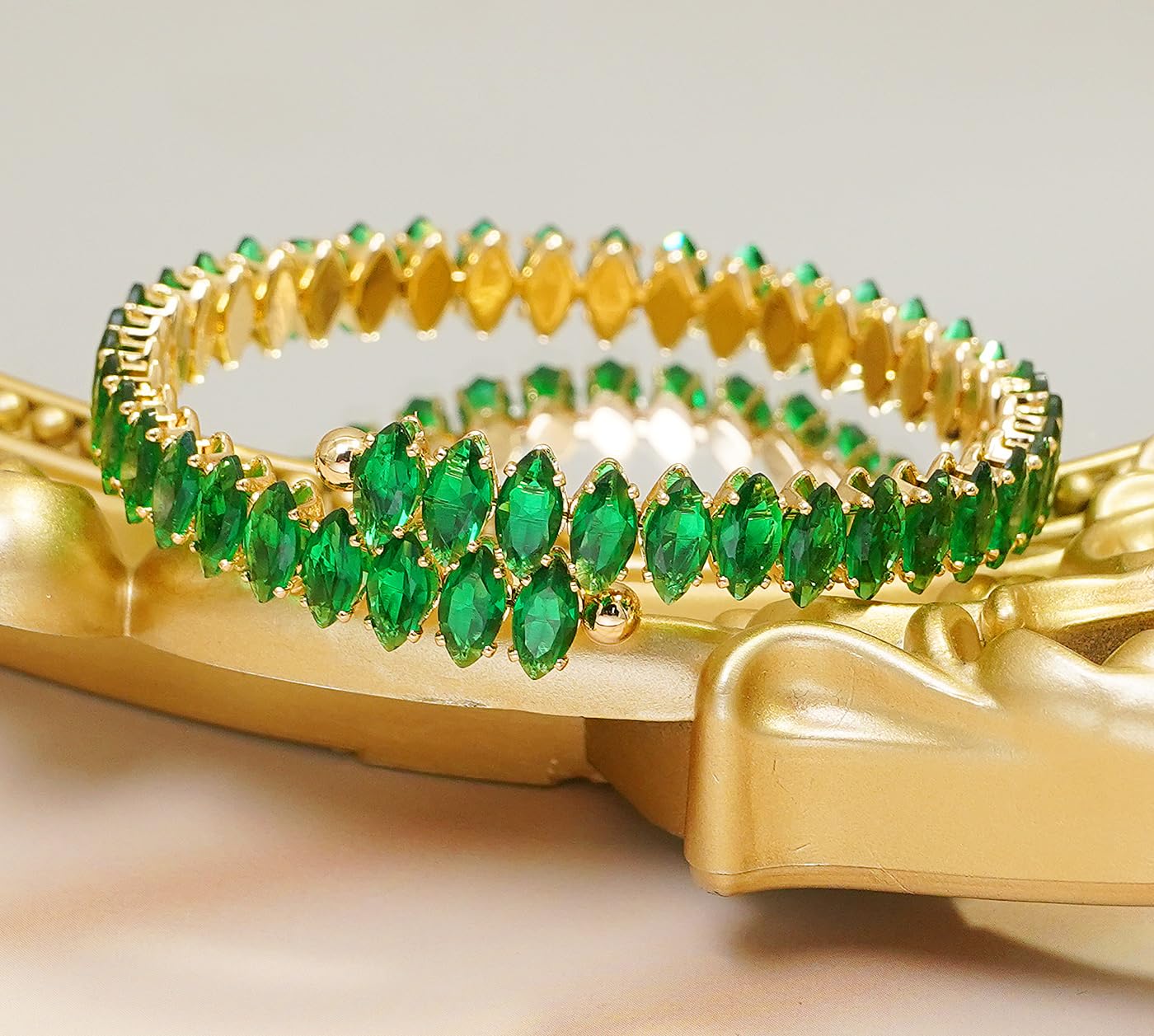 Wovanoo Rhinestone Cuff Bracelet Cubic Zirconia Tennis Bracelets Open Adjustable Elastic Bangle for Women Gold Green