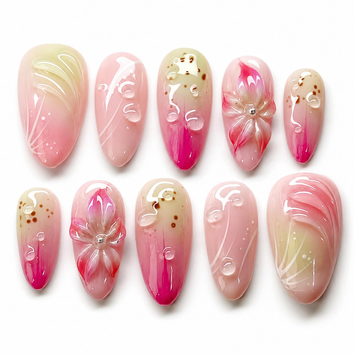 Medium Press on Nails Almond Fake Nails Pink Artificial Nail 3D Flower Gradient Water Drop White Line Glossy Sweet Floral Ombre Design Stick on Nail for Women 24pcs