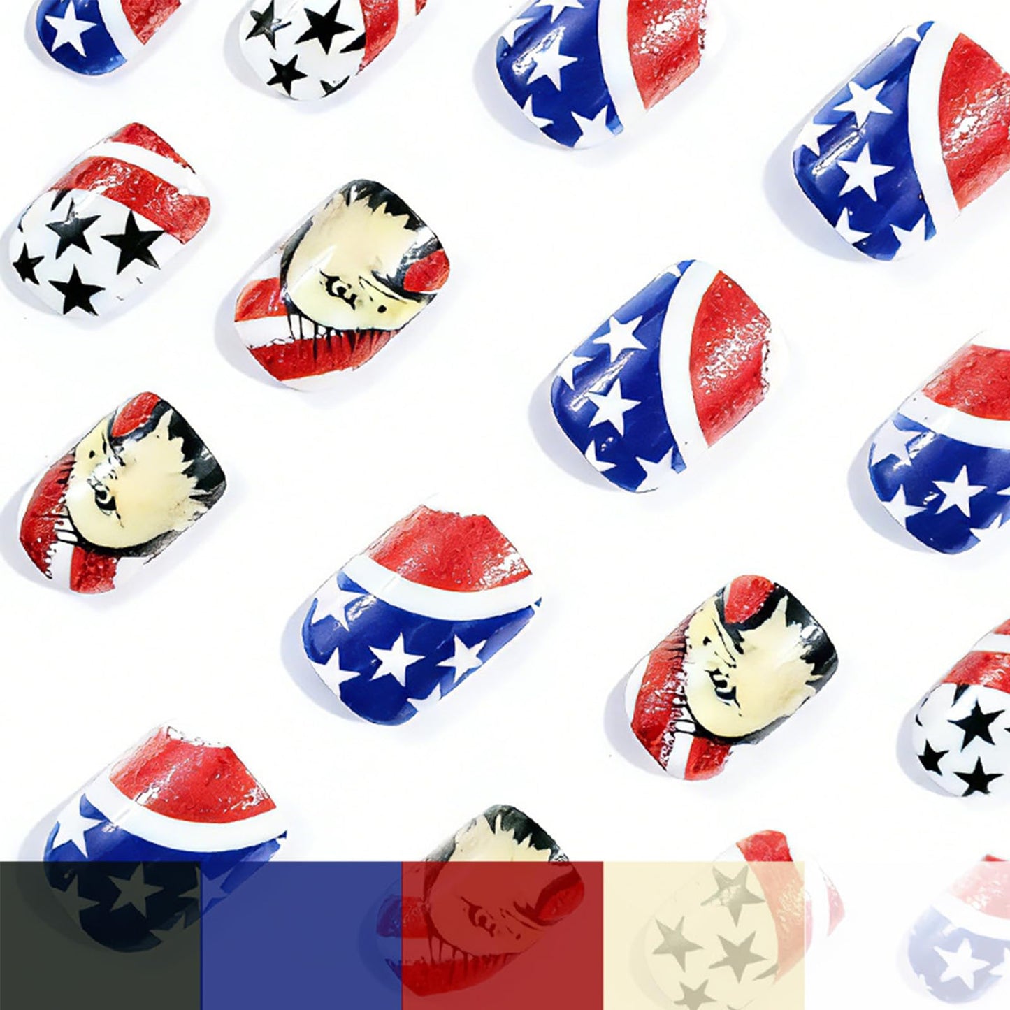 Independence Day Press on Nails Medium Square Fake Nails 4th of July False Nails with National Flag Eagle Star Design Patriotic Artificial Nail Full Cover Stick on Nails for Women Manicure 24Pcs