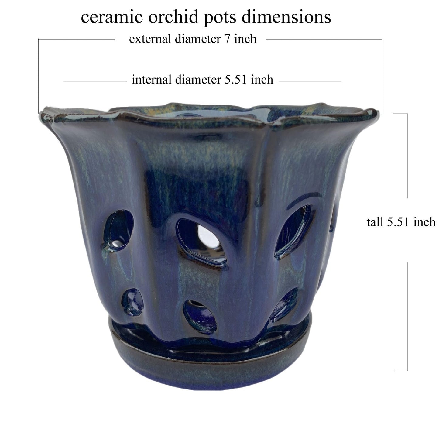 Grdthzey Ceramic Orchid Pots with Holes 6 inch (Dark Blue)