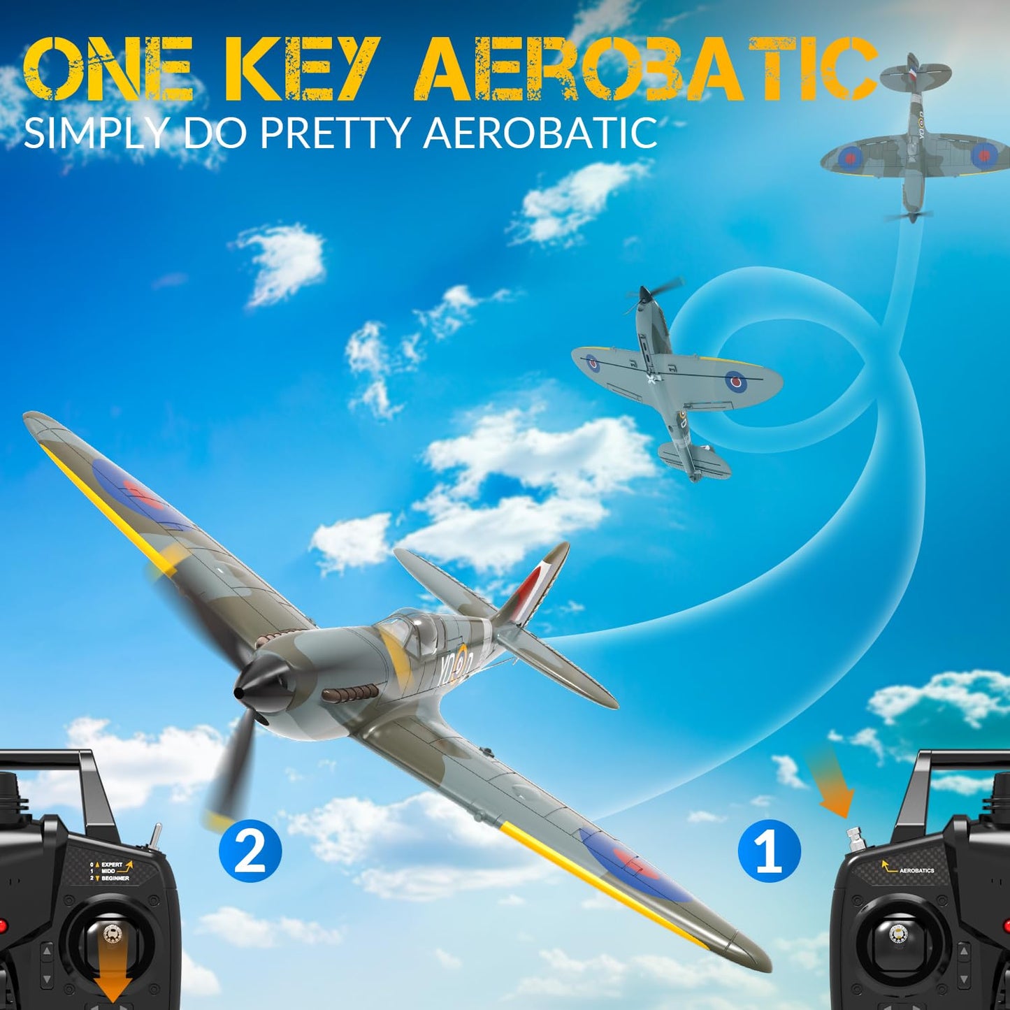 volantexrc RC Plane, 4 Channel Remote Control Airplane Fighter Spitfire RTF with Aileron, Gyro, Aerobatics & 3 Modes Easy to Fly, Hobby Radio Controlled Aircraft for Beginners & Adults (Blue)
