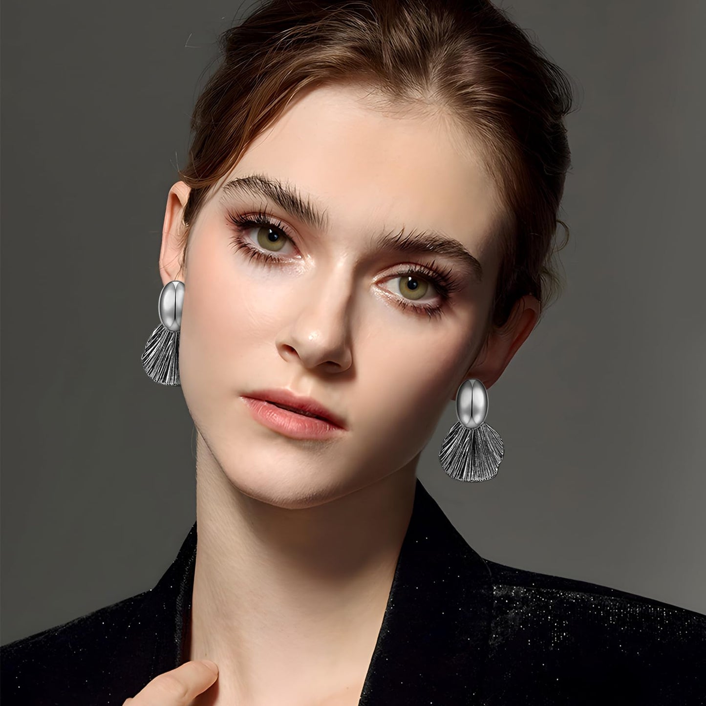 FILMOON Dangle Shell Earring for Women Two-Tone Fan-shaped Black Earrings Fashion Statement Jewelry