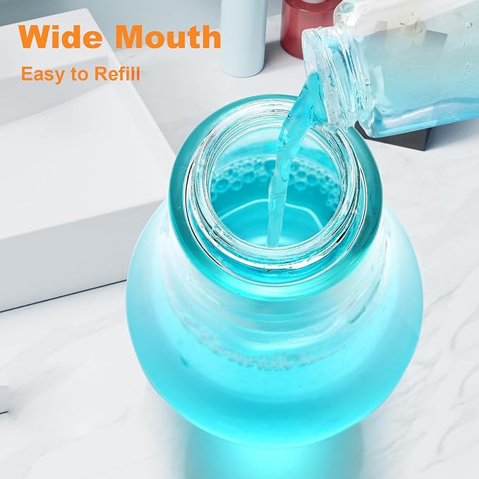 Glass Mouthwash Dispenser for Bathroom, Mouth Wash Container Bottle with Lid Cup, Small Clear Refillable Mouthwash Decanter Holder (2 Pack/ 7.5)