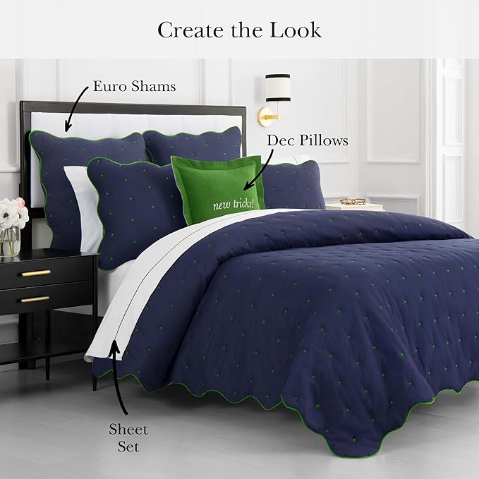 kate spade new york Scalloped Edge 3-Piece Full/Queen Quilt Bedding Set, 100% Cotton Reversible Cover, All Season Warmth Bedding, Machine Washable, Navy