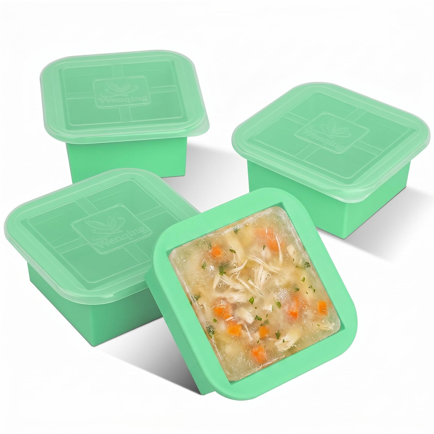 Silicone Freezer Tray with Lid 4 Pack Silicone Freezer Molds Ice Cube Tray Makes 4 Perfect 2 Cup Portions Soup Cubes Meal Prep Containers- Oven & Dishwasher Safe