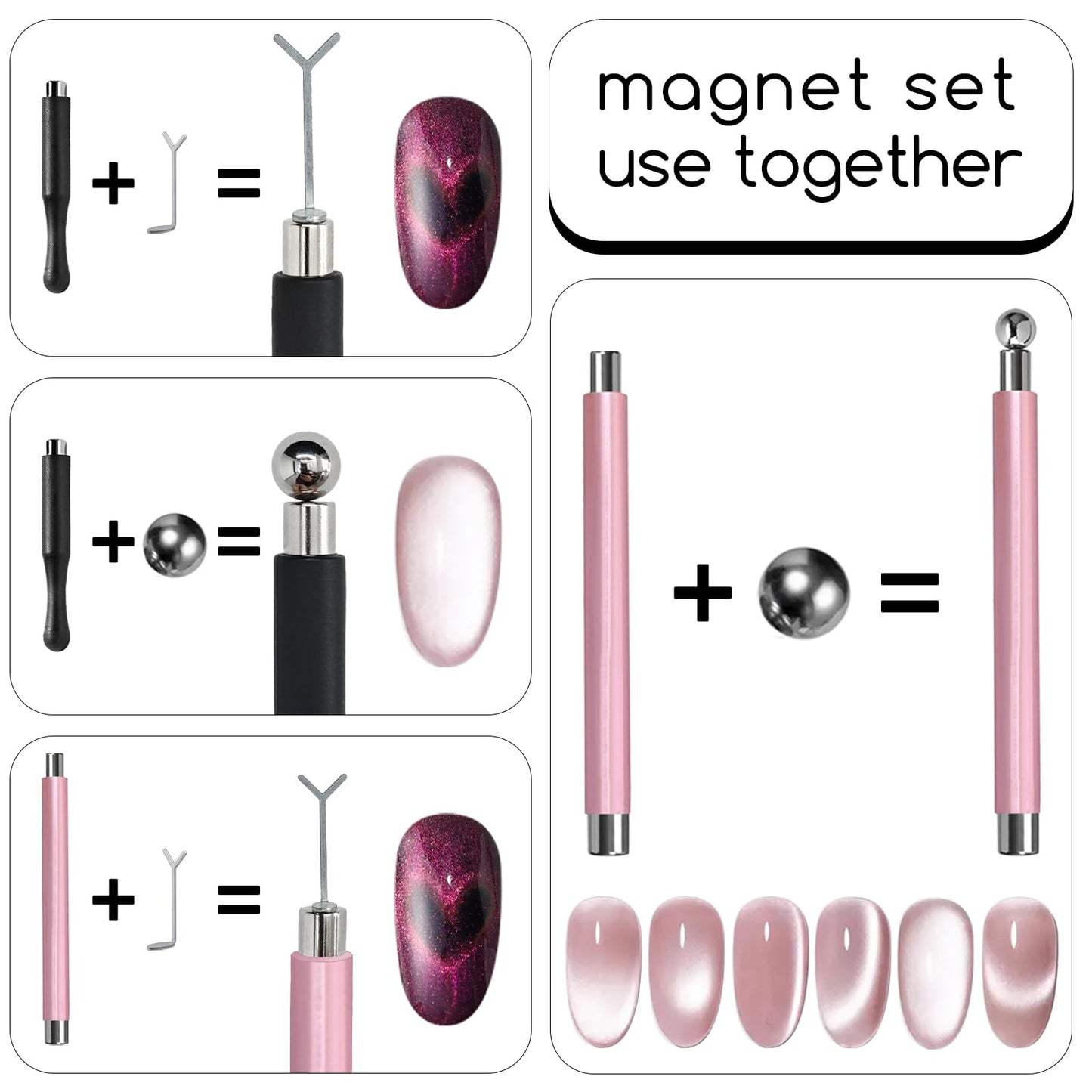 YECIRALA 14Pcs Cat Eye Magnet For Nails Magnet Tool Set With 2 Pcs Y-Shape Iron Molds, Double-Side Cylinder And Bead Cat Eye Gel Nail Polish Magnet For Nails Different Magnet Sticks Design Tools