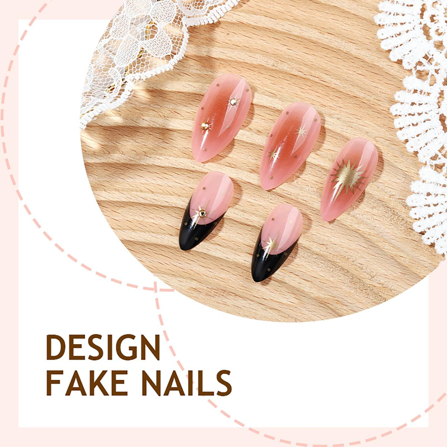 24pcs Press On Nails Almond Medium Fake Nails French With Gold Star Heart Design Gradient Nail Press Ons Glossy Full Cover False Acrylic Nails Reusable Glue On Nails For Women Girls
