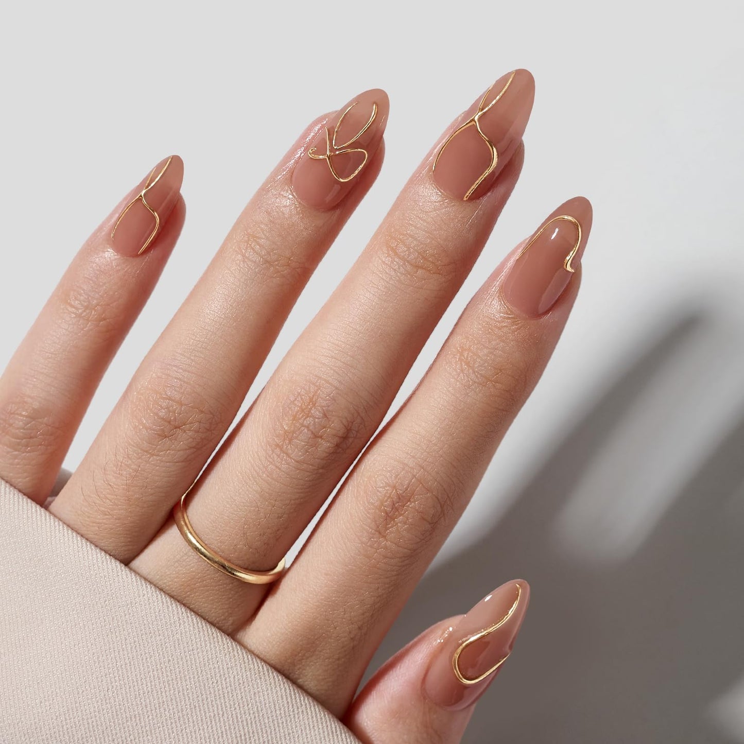 BTArtbox Press On Nails Almond - Fall Press On nails with 3D Gold Lines Design, Medium Glue On Nails with Nail Glue, Gold Swirl Stick On Nails in 15 Sizes, White French & Radiant Ribbons